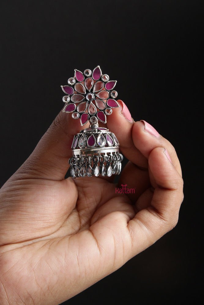 92.5 Silver Flower Stone Jhumka - SJE008