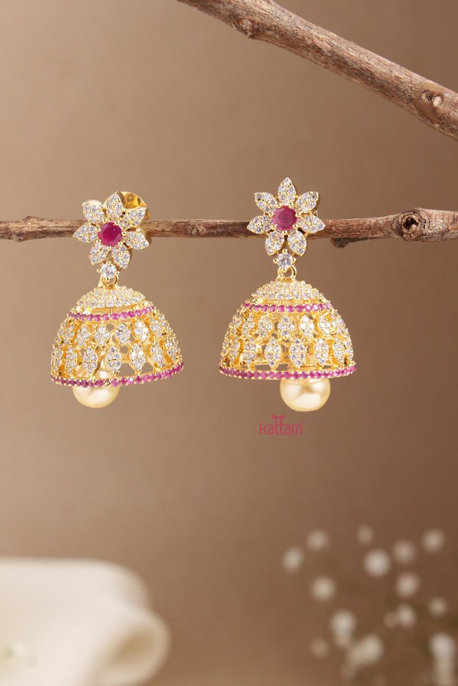 AD Stone Ruby White Stone Flower Jhumka - E722