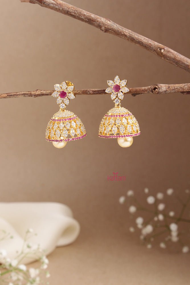 AD Stone Ruby White Stone Flower Jhumka - E722