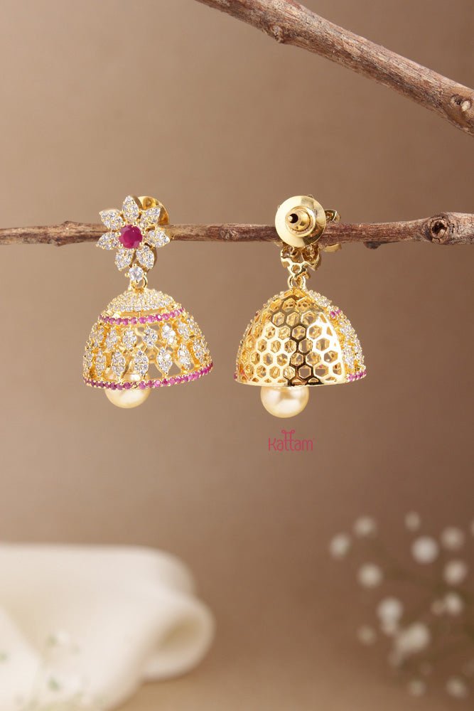 AD Stone Ruby White Stone Flower Jhumka - E722