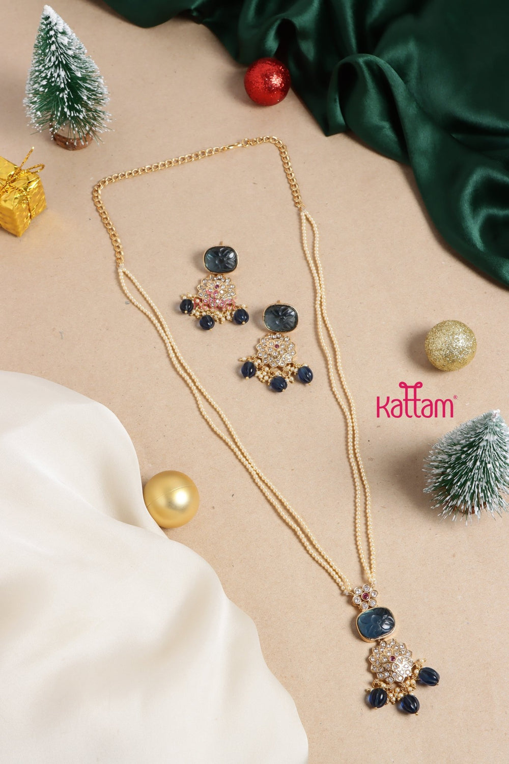 Anamika - Navy Stone Layered Pearl Chain Set - N3466