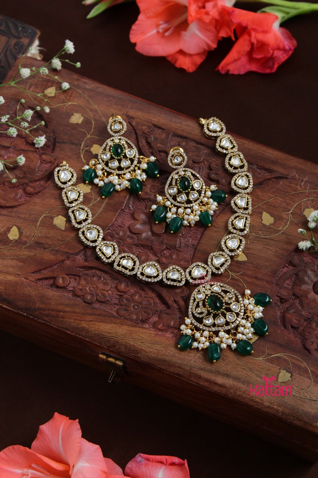 Charu - American Diamond Green Short Necklace - N5107