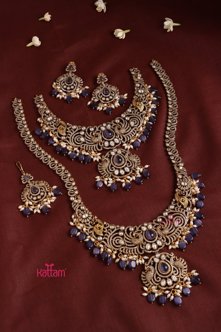 Chinthiya - Peacock Purple Bridal Necklace & Haram Set - N3480