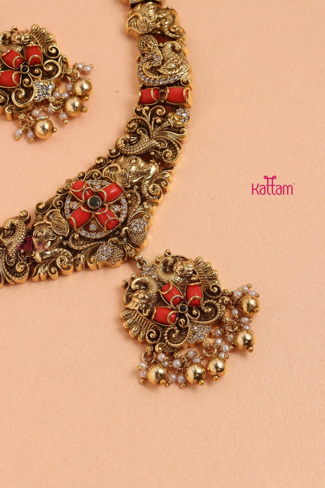 Dharika - Antique Peacock Coral Necklace - Design 2 - N3322