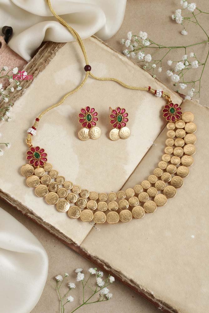 Goddess Coin Rubygreen Stone Flower Choker - N2661