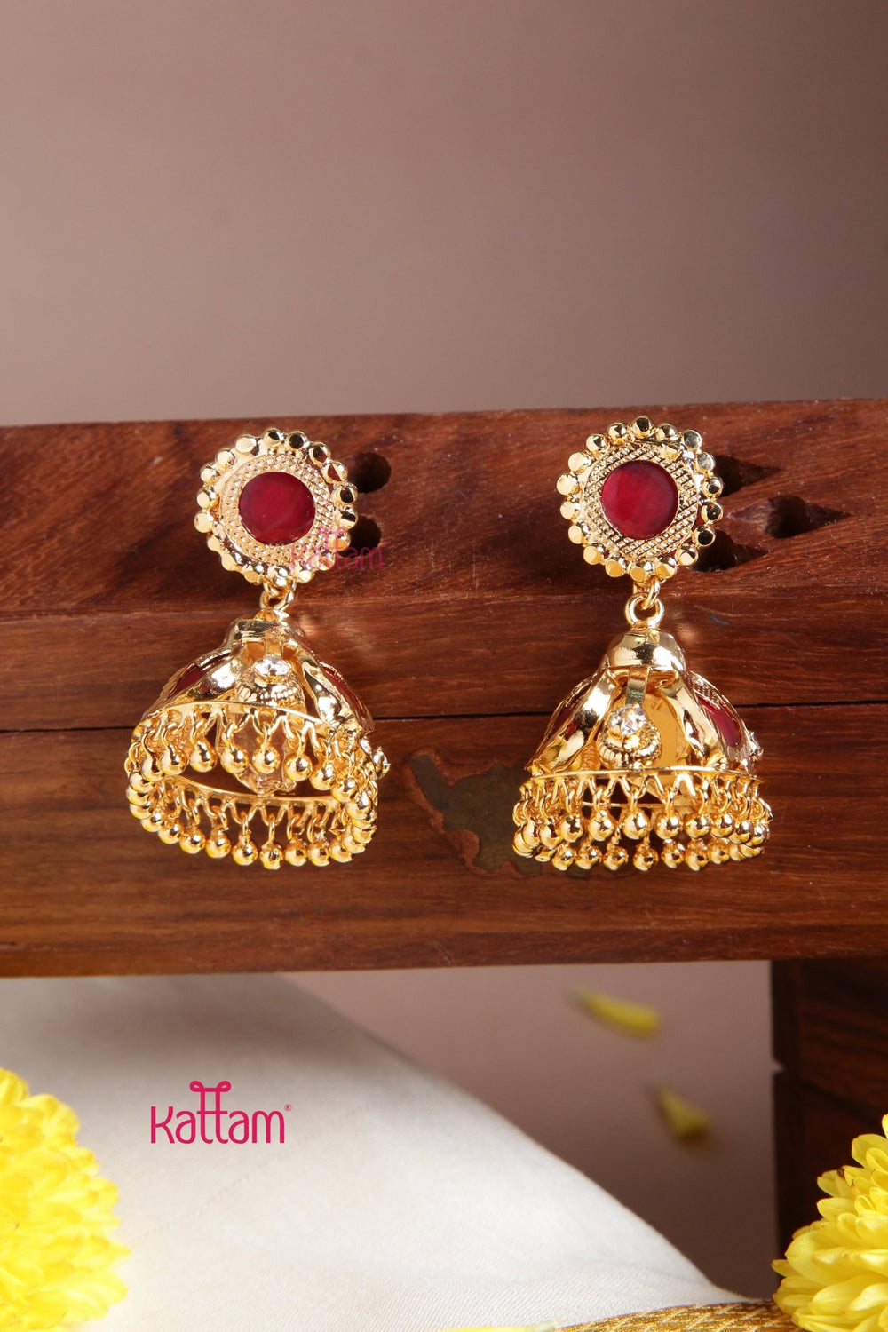 Goldtone Palakka Ruby Manga Jhumka - E962