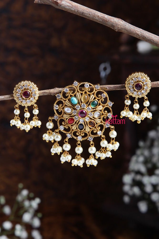 Navarathna Pendant With Earring Design - 1 - P015