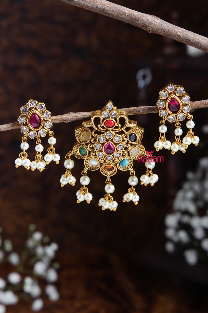 Navarathna Pendant With Earring Design - 5 - P019