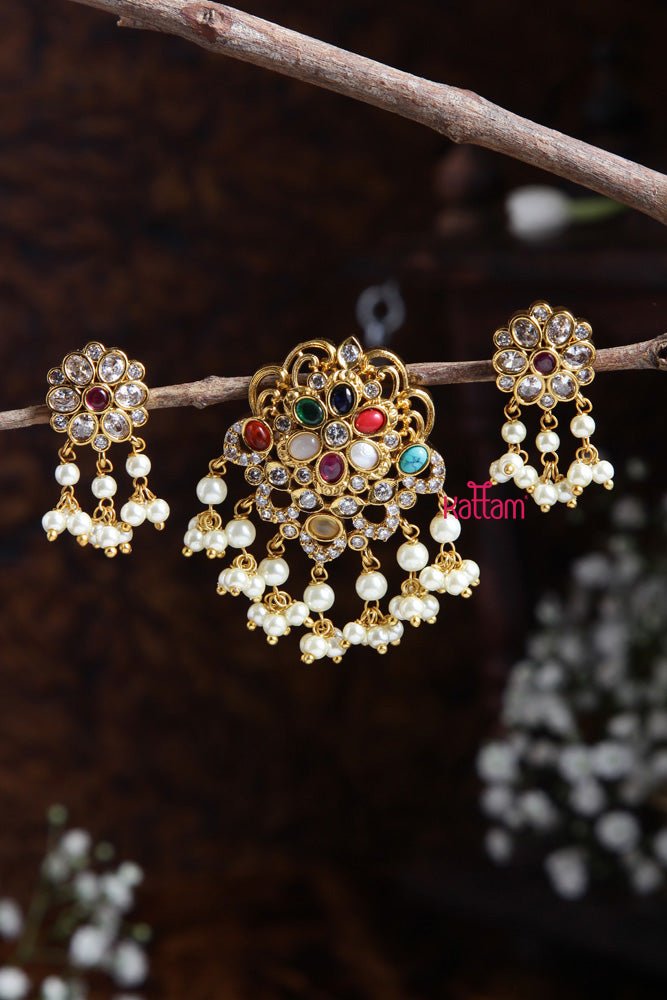 Navarathna Pendant With Earring Design - 8 - P022