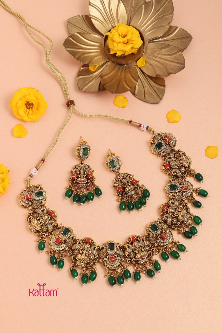 Nethra - Semi Bridal Goddess Coral Choker Set - Green Bead - N3331