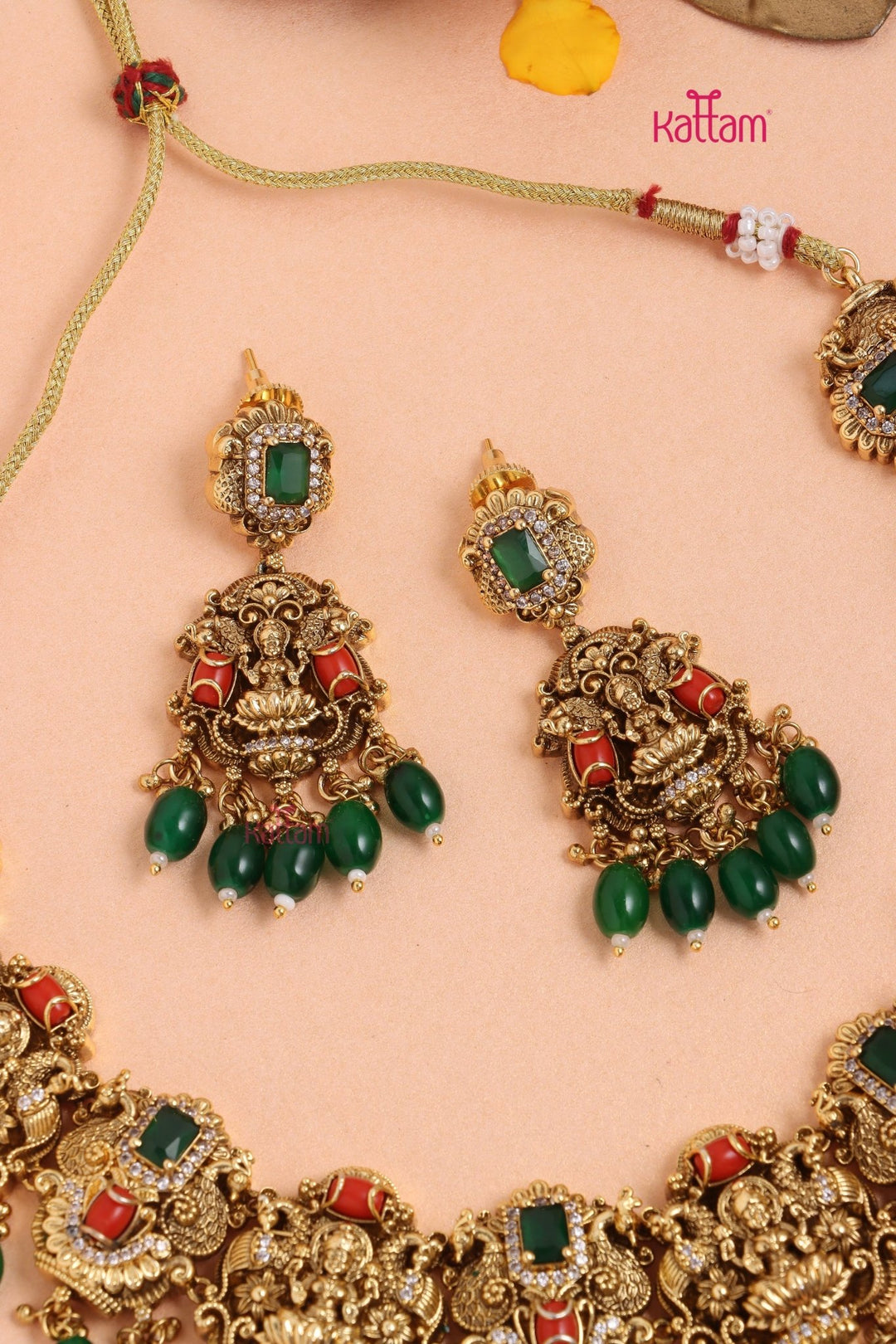 Nethra - Semi Bridal Goddess Coral Choker Set - Green Bead - N3331