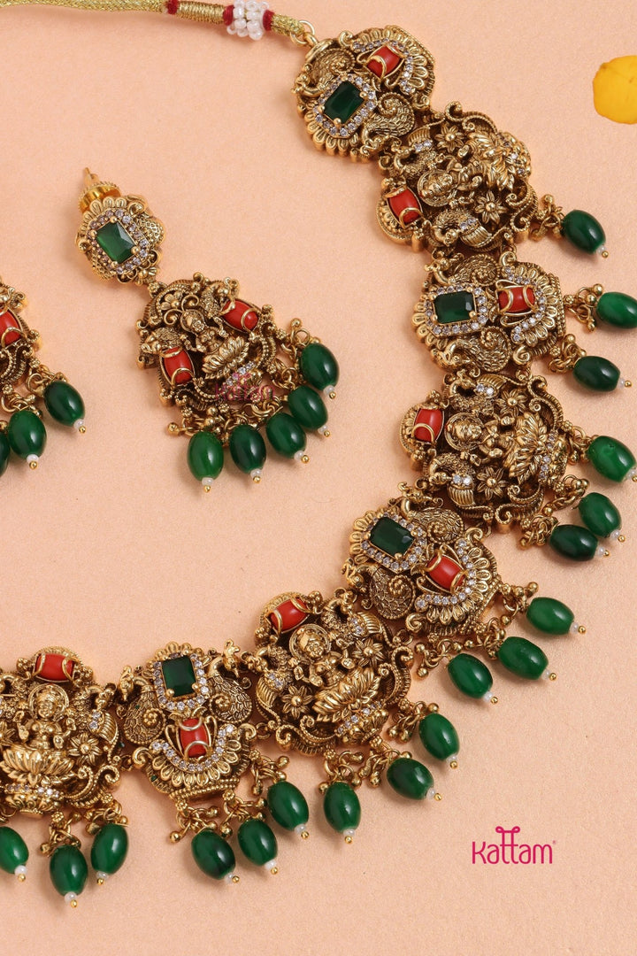 Nethra - Semi Bridal Goddess Coral Choker Set - Green Bead - N3331