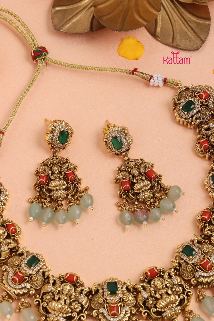 Nethra - Semi Bridal Goddess Coral Choker Set - lightgreen Bead - N3332