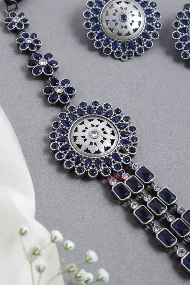 Oxidised Blue Chakra FLoral Layered Necklace - N2525