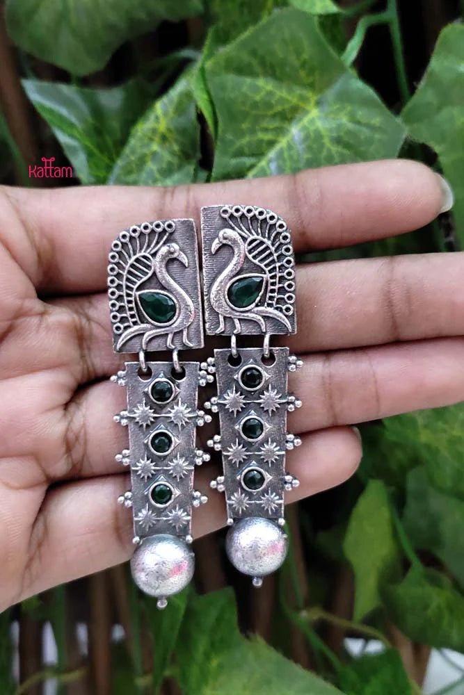 Oxidised Green Peacock Drop Earring - E705