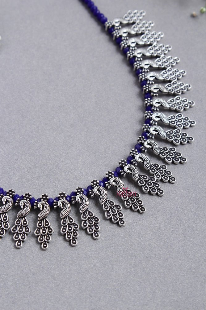 Oxidised Peacock Blue Crystal Bead Choker - N2510