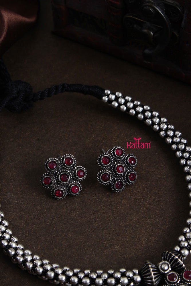 Oxidised Ruby Flower Pendant Choker - N1967