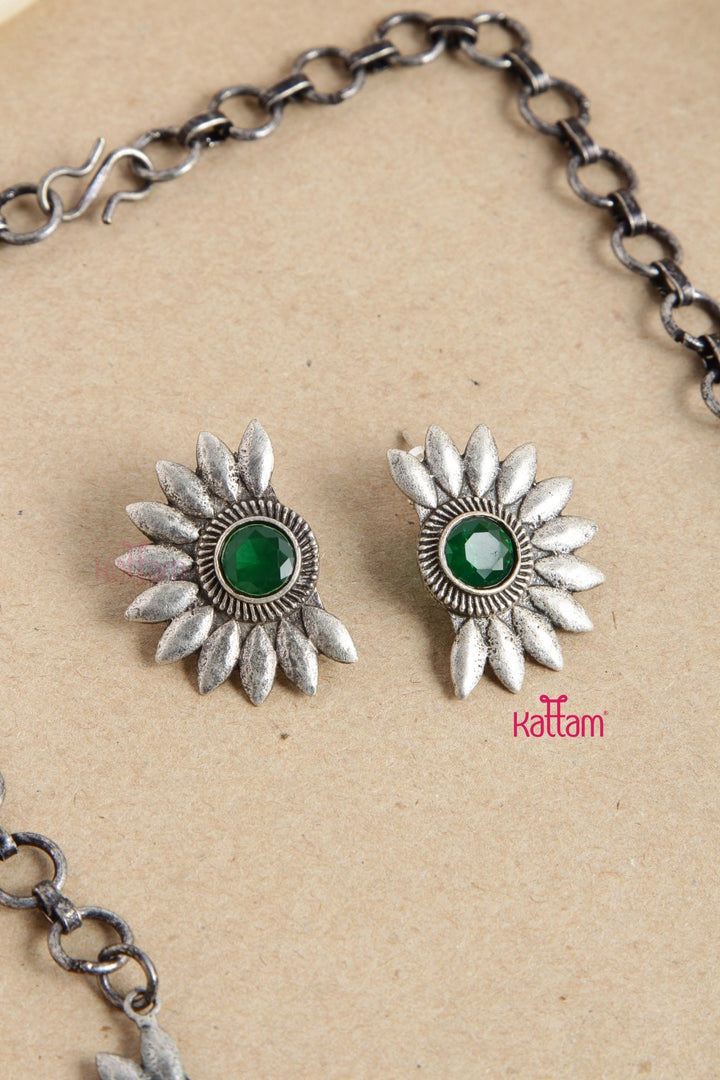 Oxidised Silver Sunflower Design Choker - Green - N2739