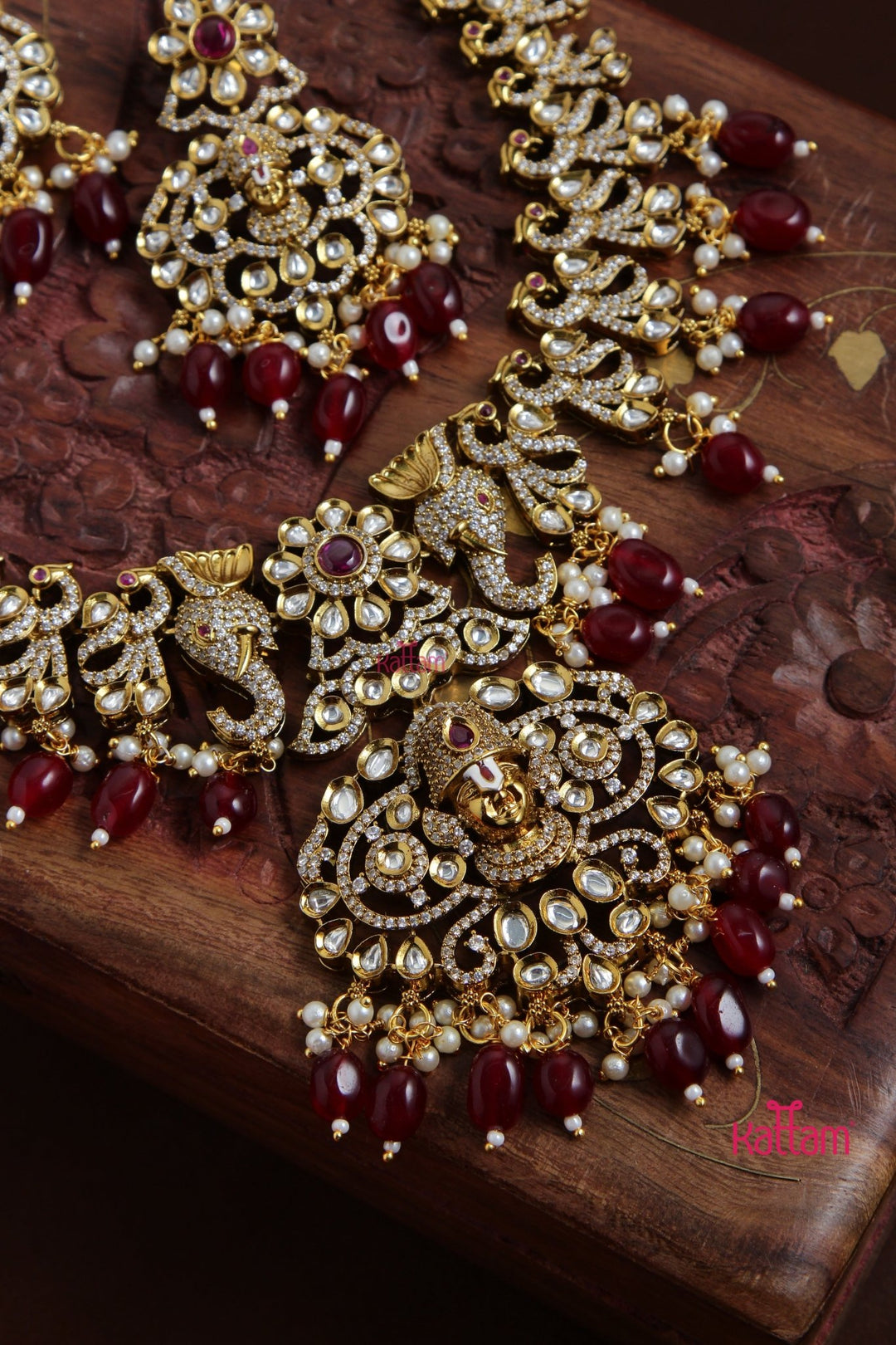 Perumal Peacock AD Necklace - Maroon - N5126