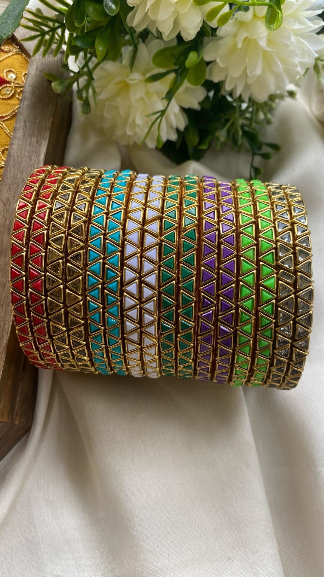 PRE ORDER - Triangle bulk Handmade Kundan Bangles (8 colours Set) - KB070 - V4