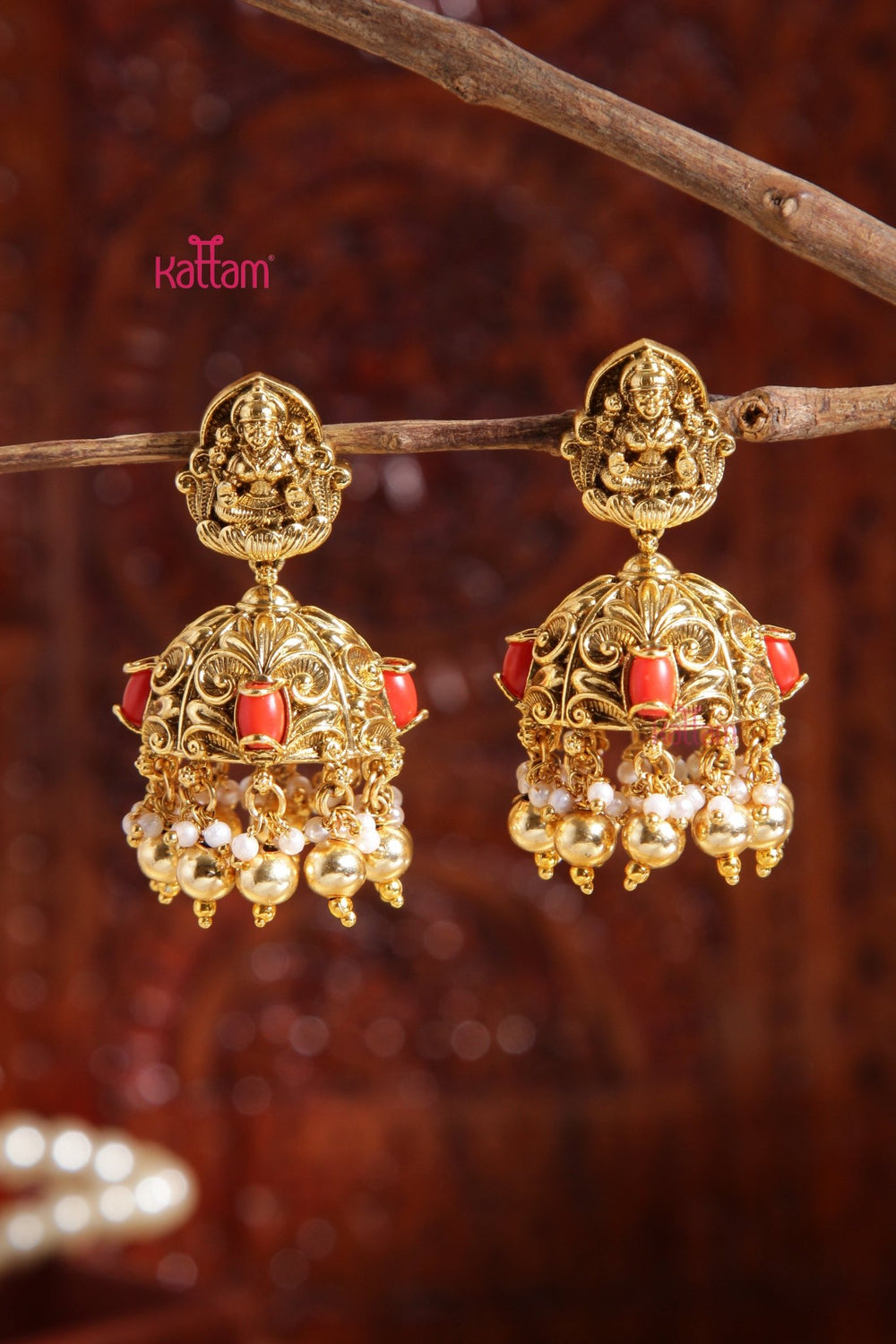 Ranjitha - Antique lakshmi Coral Goldball Jhumka - E987