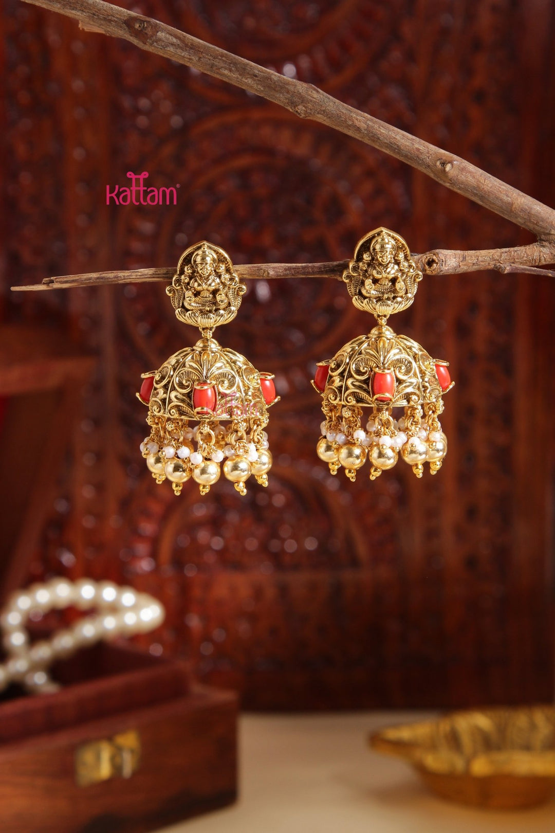 Ranjitha - Antique lakshmi Coral Goldball Jhumka - E987