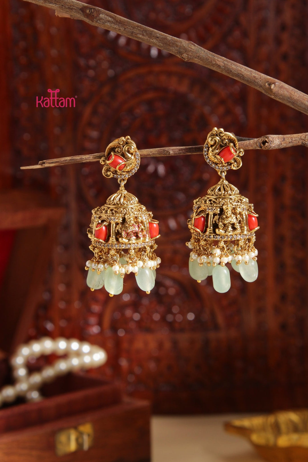 Ranvi - Peacock Coral PastelGreen Jhumka - E991