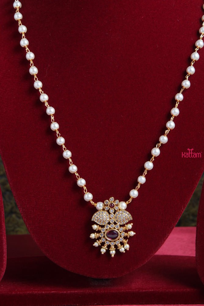 Ruby Stone Pendant Pearl Long Chain - N1802