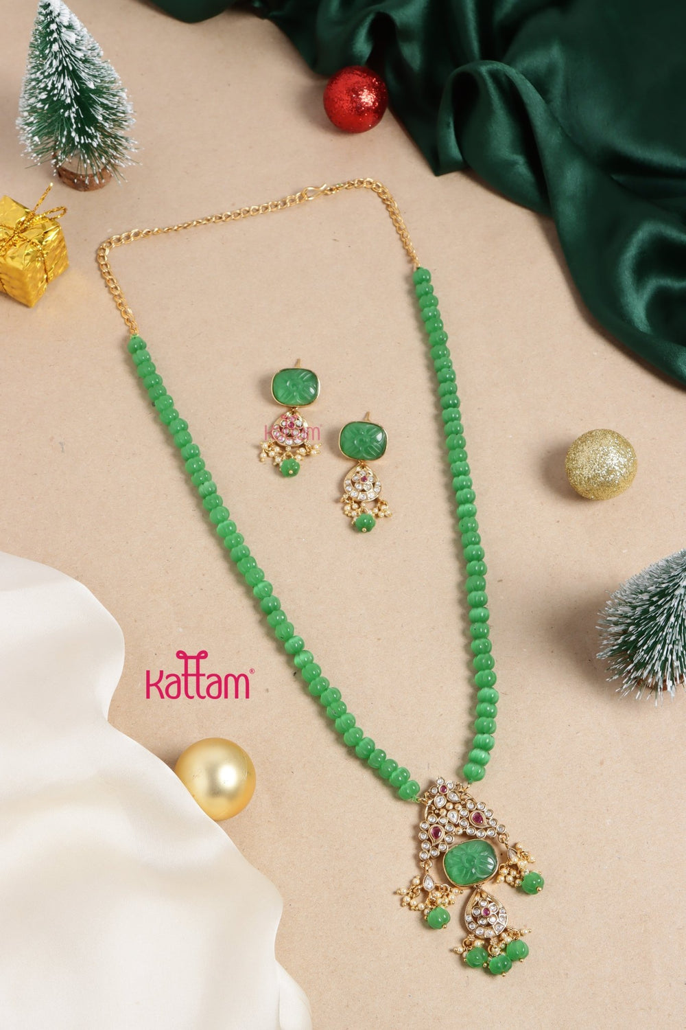 Rupali - Pumpkin Green Beaded Chain Set - N3469