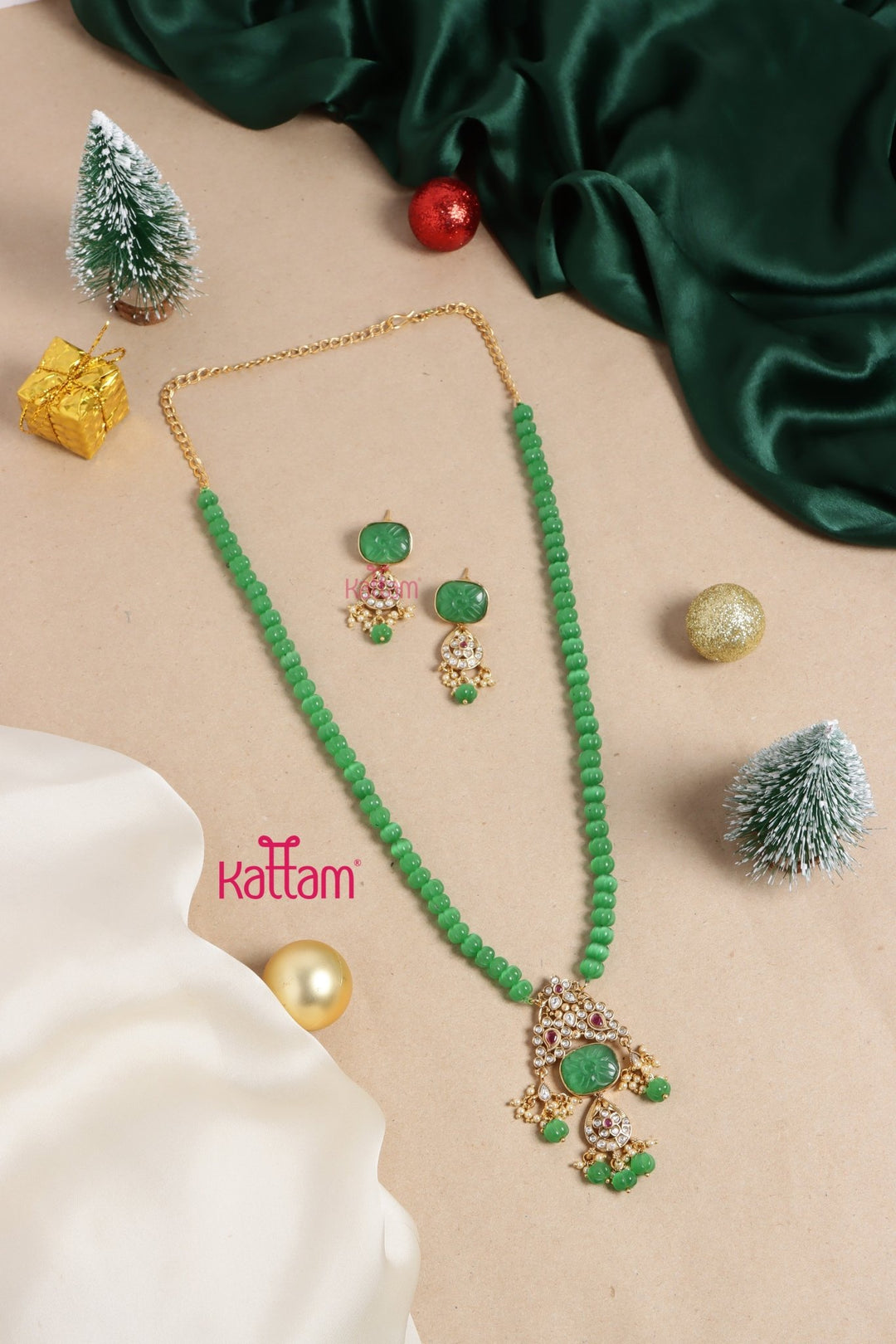 Rupali - Pumpkin Green Beaded Chain Set - N3469