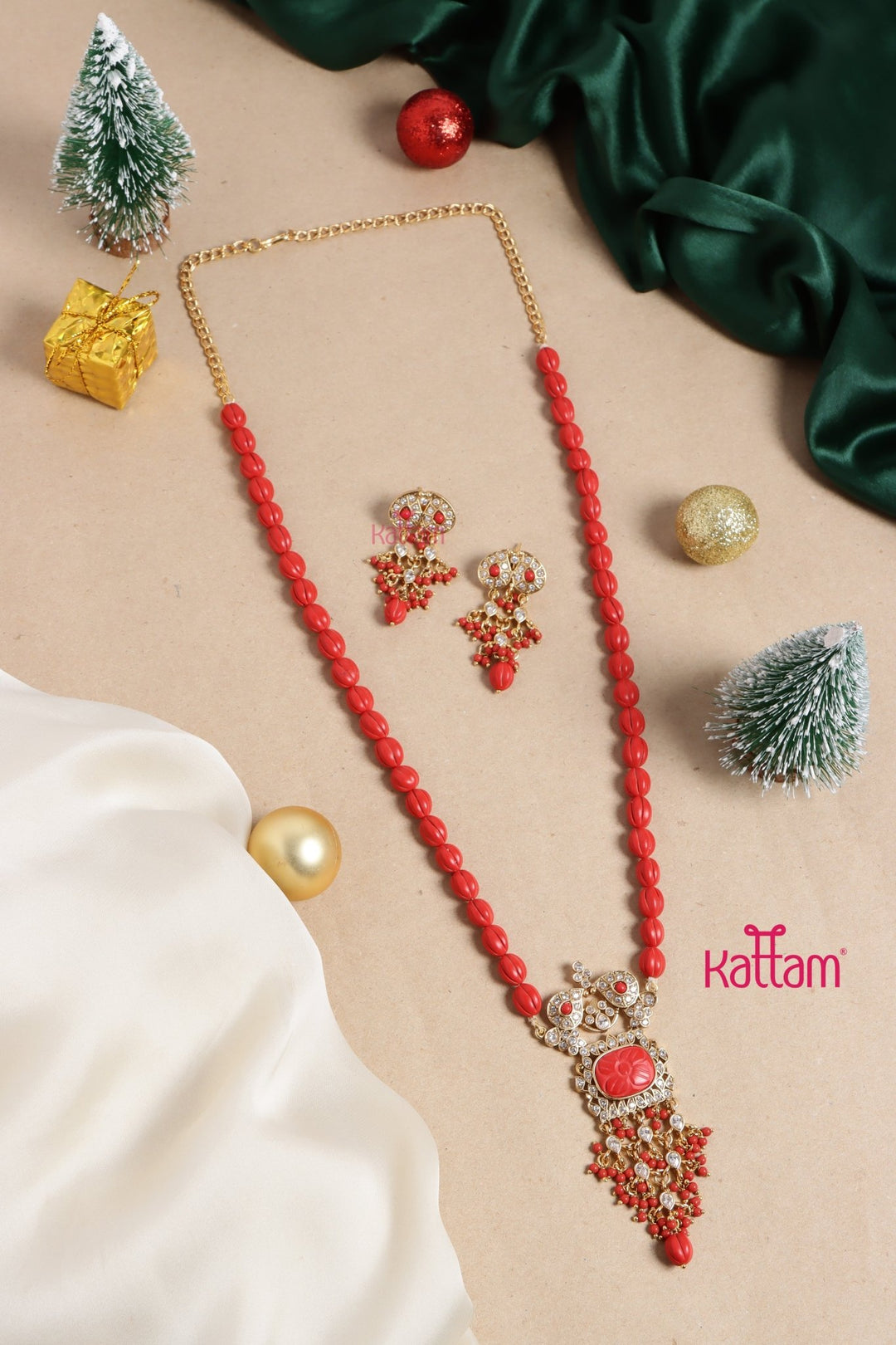 Rupali - Pumpkin Red Beaded Chain Set - N3470