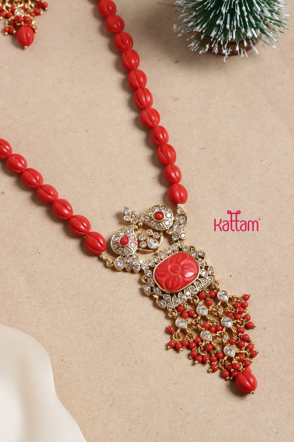 Rupali - Pumpkin Red Beaded Chain Set - N3470