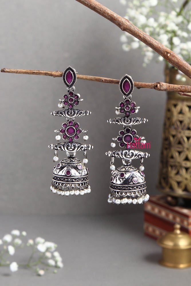 Silver Layered Stone Jhumka - E415