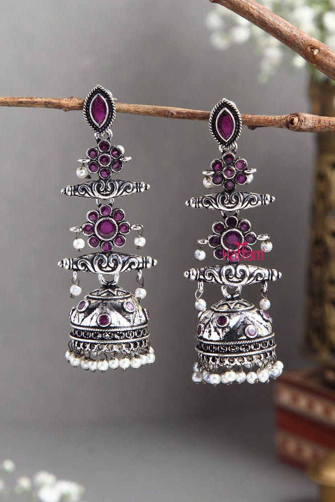 Silver Layered Stone Jhumka - E415