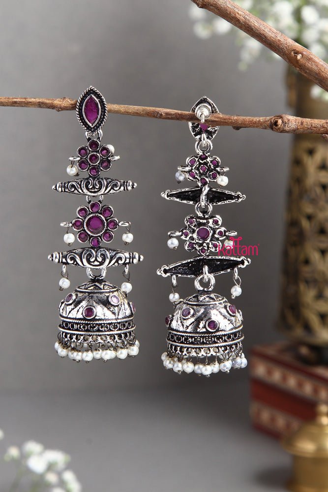 Silver Layered Stone Jhumka - E415