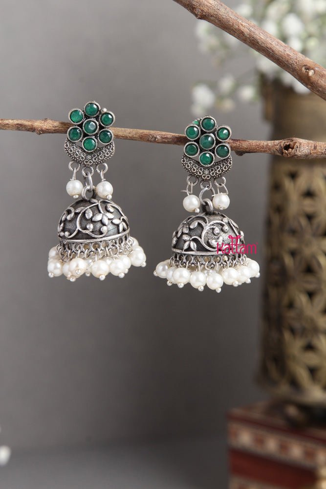 Silver Lookalike Green Poo Jhumka - E444A