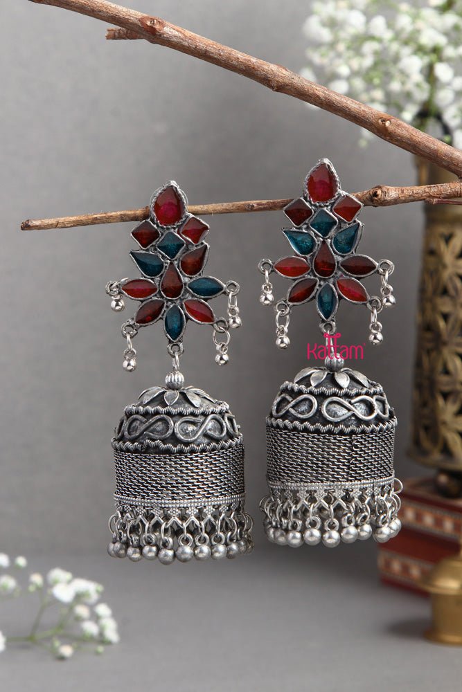 Silver Patterned Jhumka - E411