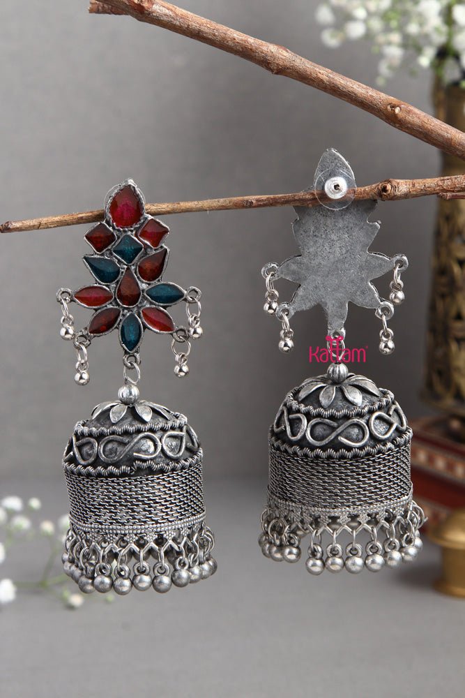 Silver Patterned Jhumka - E411