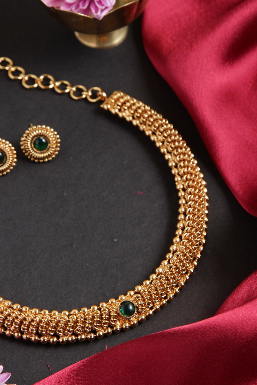 Thigazhini - Goldtone Green Stone Choker - N1989